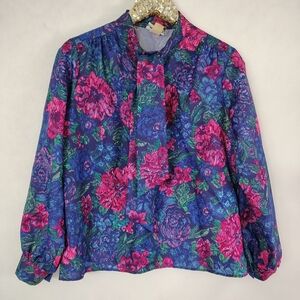 Vintage 80s Paris Station Women's Jewel Tone Floral Top Size 18 Classic